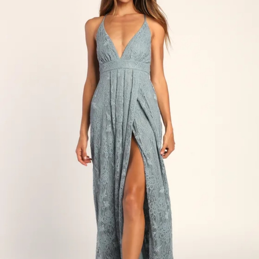 LULUS Stolen Moments Slate Blue Lace-Up Maxi Dress